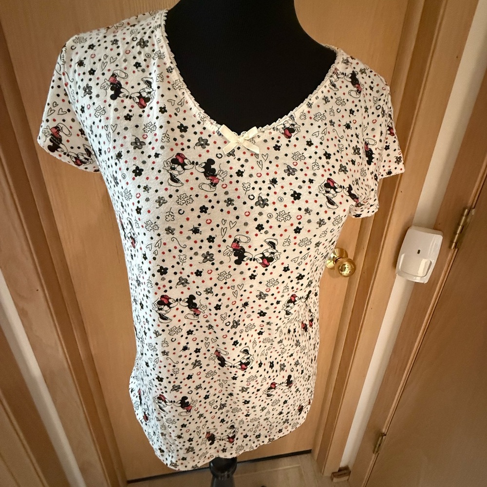 Disney Women's V-neck Minnie&Mickey cotton blend PJ's, Ivory, Red and Black.